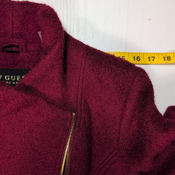 Guess Wool Blend Coat Women M Burgundy Asym Zip Fit Flare Moto Jacket Lined - Picture 7 of 16